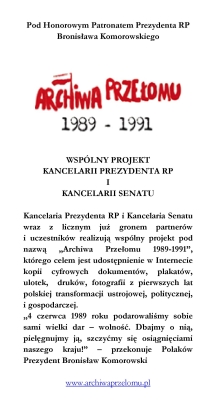 Ulotka promocyjna projektu „Archiwa Przełomu 1989-1991”