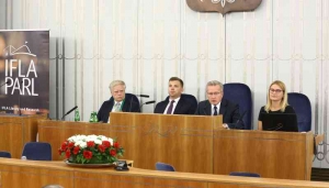 15.08.2017r., Prekonferencja IFLA, na fotografii od lewej: Aleksander Bobko, Jakub Kowalski, Adam Podgórski, Agata Karwowska-Sokołowska. Fot. Katarzyna Czerwińska, Kancelaria Senatu.