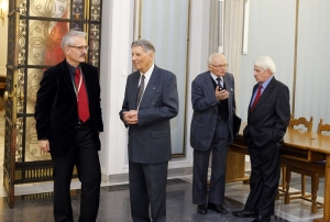 19.01.2013 r.; spotkanie opłatkowe OKP; na fotografii od lewej: Robert Kubaś, Włodzimierz Bojarski, Bohdan Pilarski, Jerzy Dyner; foto. Justyna Orysiak, Robert Kubaś